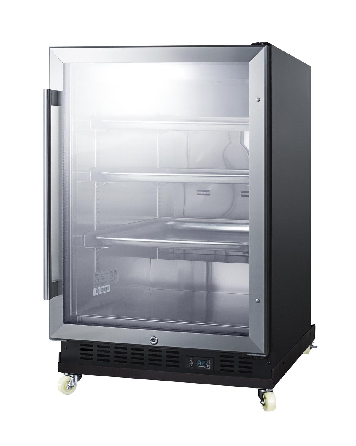 Built-in undercounter mini reach-in commercial beverage center w/SS interior, sheet pans and adjustable tray supports, chrome shelves, lock, digital thermostat, and removable dolly